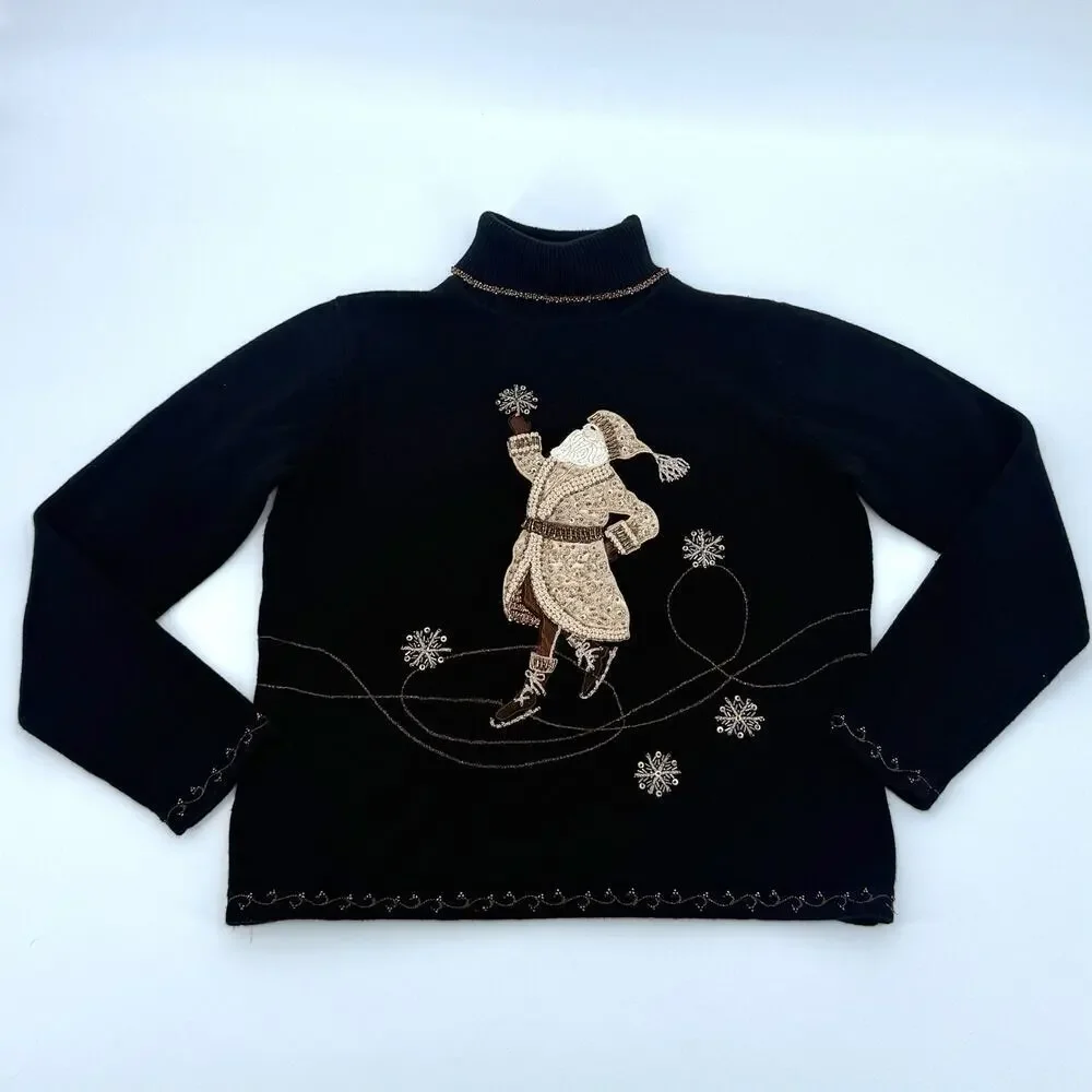 Vintage Talbots Festive Black Christmas Holiday Sweater Size Large Turtle Neck